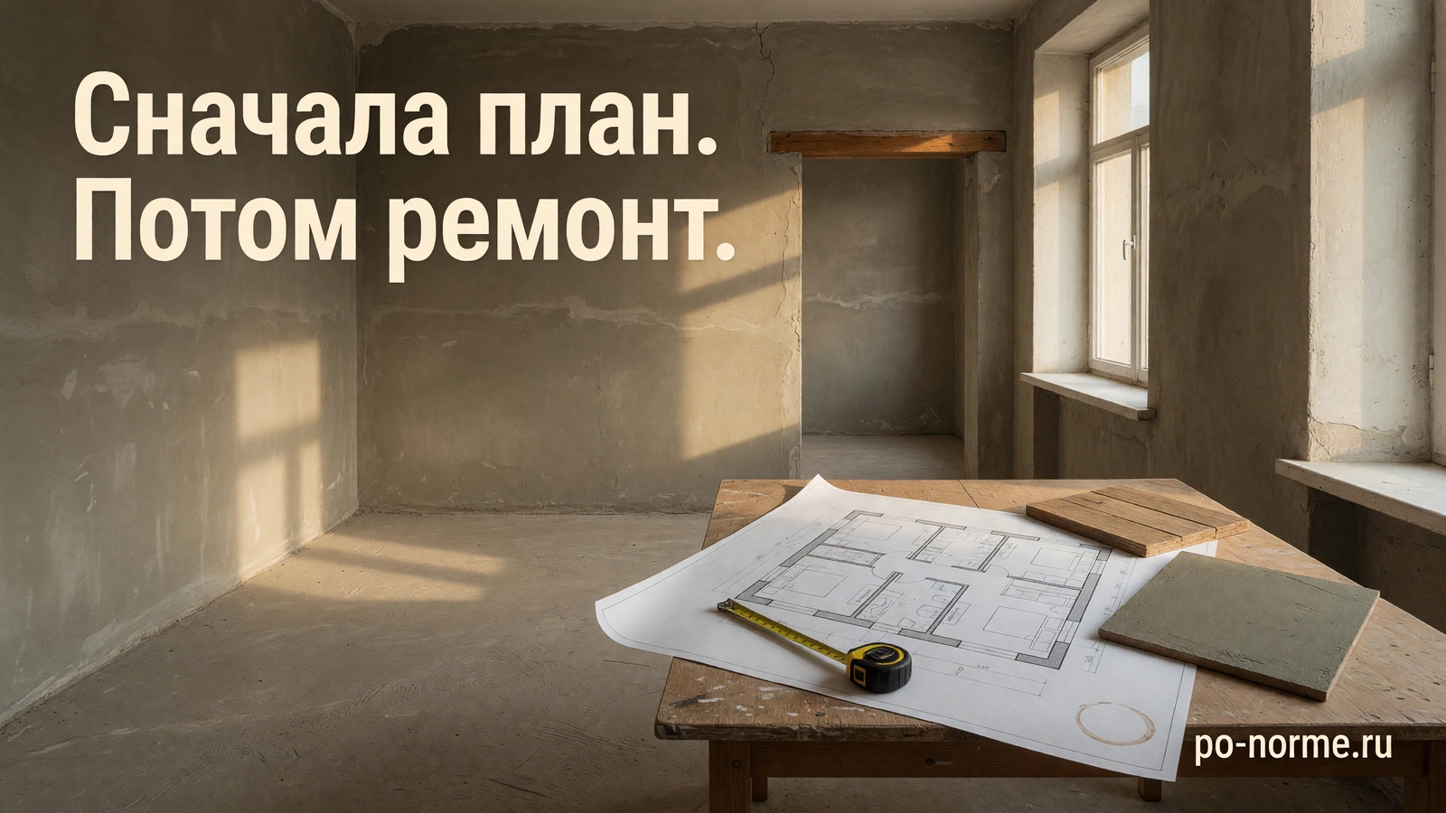 Редакционная обложка «Сначала план. Потом ремонт.»: план квартиры и образцы материалов на столе в комнате без отделки.