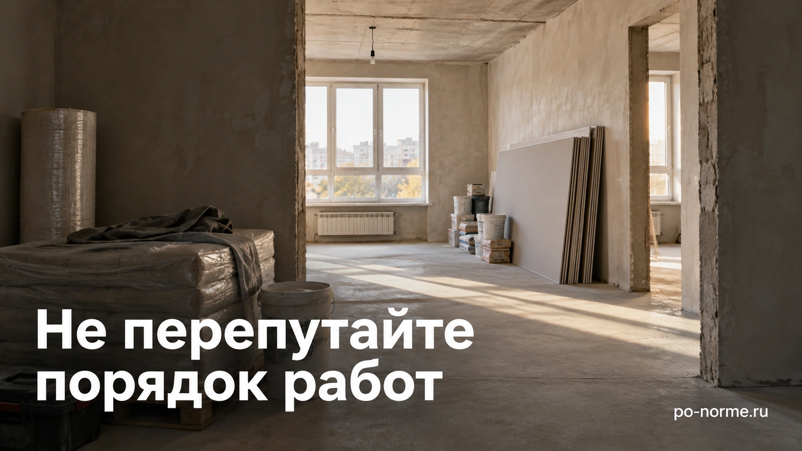 Редакционная обложка «Не перепутайте порядок работ»: комната без отделки, листовые и укрытые отделочные материалы.