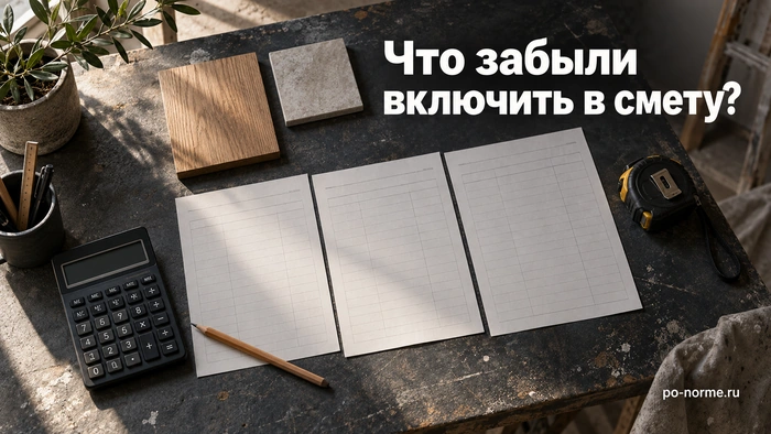 Редакционная обложка «Что забыли включить в смету?»: листы сметы, калькулятор и образцы материалов на рабочем столе.