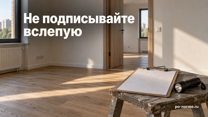 Редакционная обложка «Не подписывайте вслепую»: планшет для проверки и фонарик в комнате после отделки.