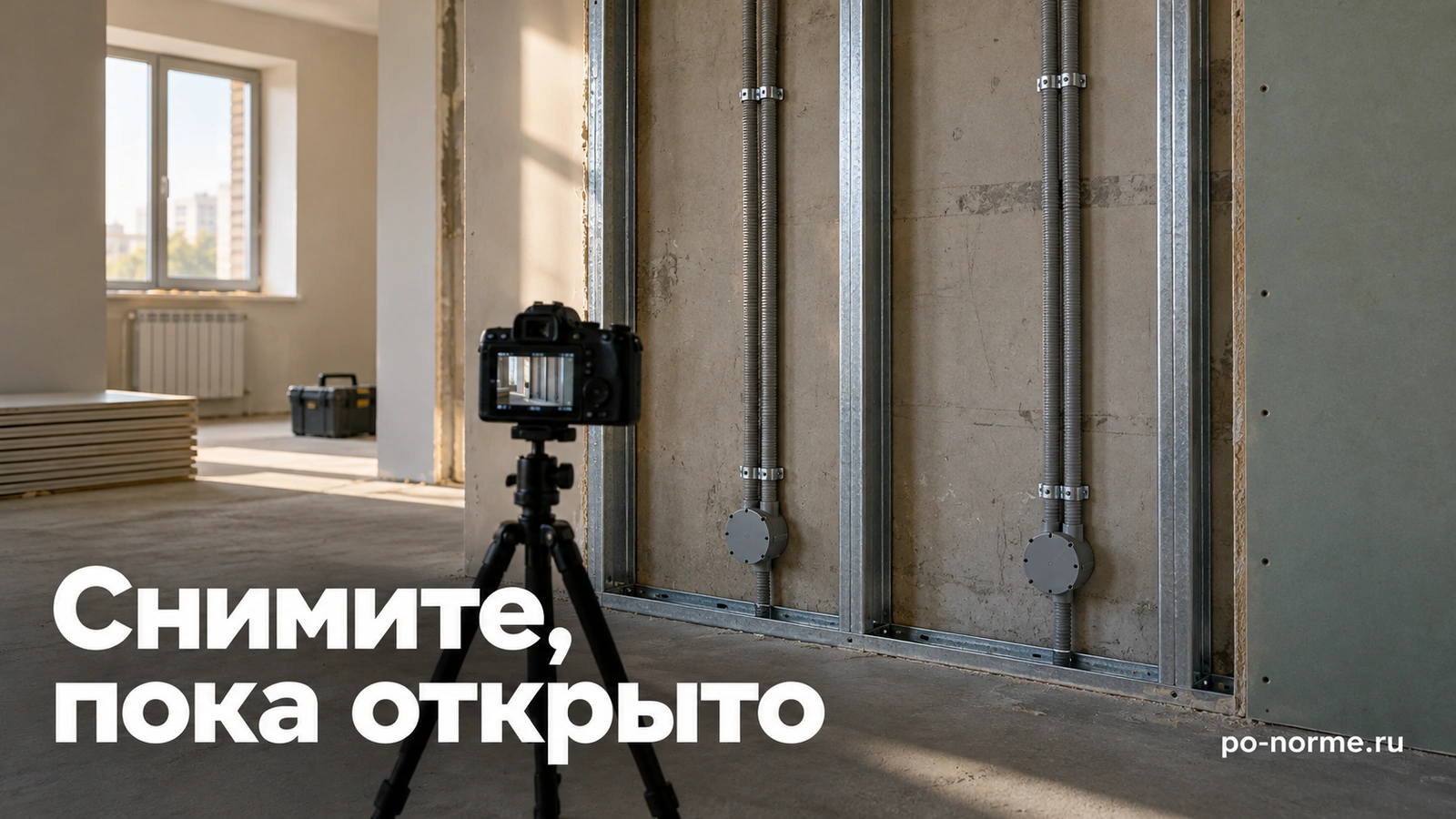 Редакционная обложка «Снимите, пока открыто»: открытая перегородка, закреплённые трассы и камера на штативе.