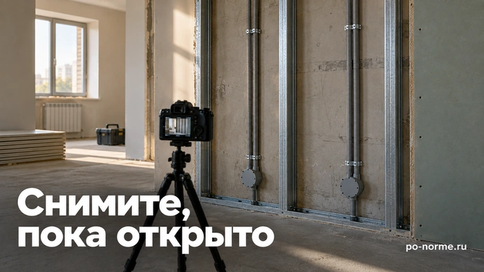 Редакционная обложка «Снимите, пока открыто»: открытая перегородка, закреплённые трассы и камера на штативе.