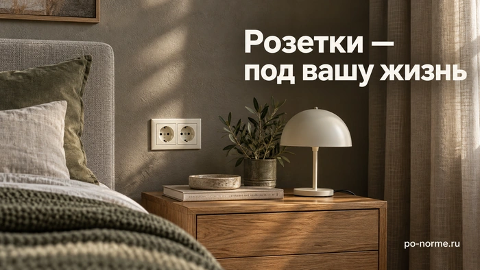 Редакционная обложка «Розетки — под вашу жизнь»: двойная розетка рядом с прикроватной тумбой и светильником.