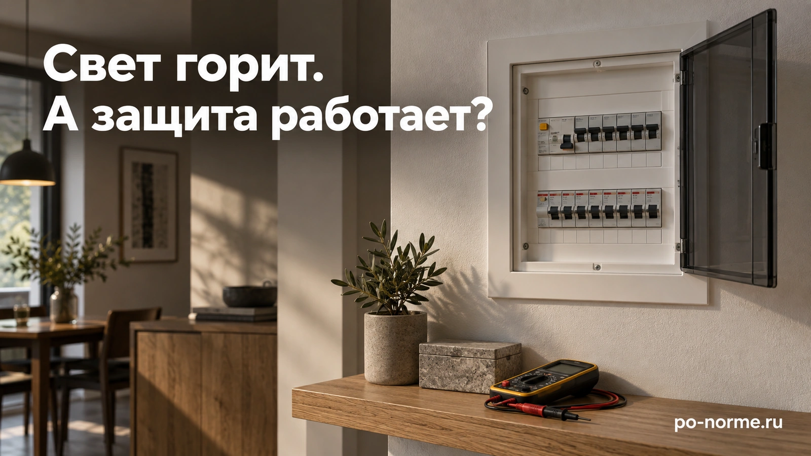 Редакционная обложка «Свет горит. А защита работает?»: закрытая лицевая панель электрощита и измерительный прибор.