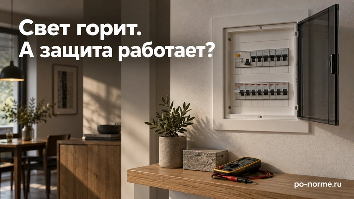 Редакционная обложка «Свет горит. А защита работает?»: закрытая лицевая панель электрощита и измерительный прибор.