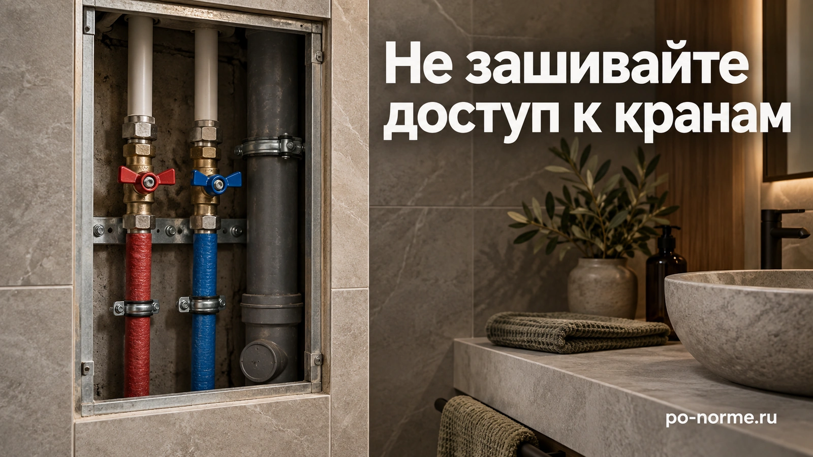 Редакционная обложка «Не зашивайте доступ к кранам»: открытая сантехническая ниша с трубами и запорными кранами.