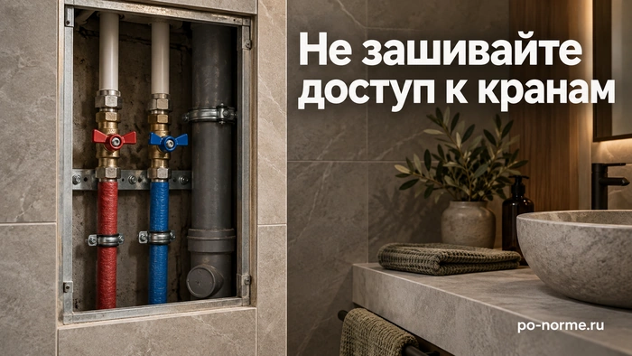 Редакционная обложка «Не зашивайте доступ к кранам»: открытая сантехническая ниша с трубами и запорными кранами.