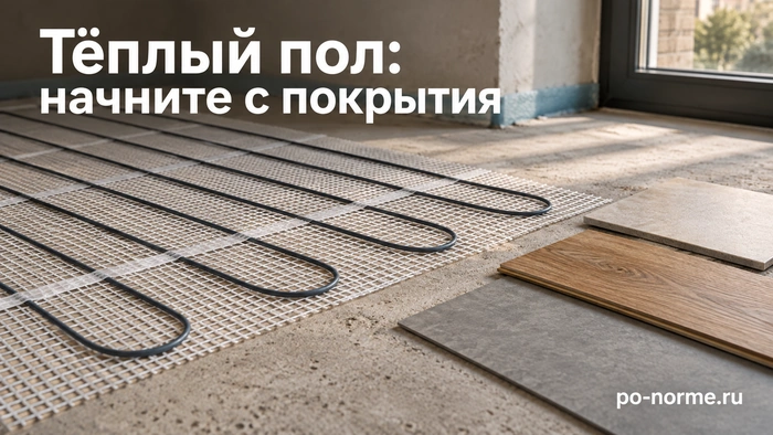 Редакционная обложка «Тёплый пол: начните с покрытия»: нагревательный мат рядом с образцами напольных покрытий.