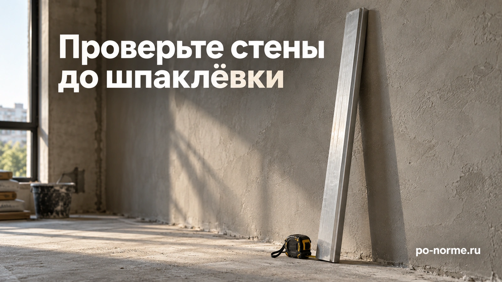 Редакционная обложка «Проверьте стены до шпаклёвки»: оштукатуренная стена и алюминиевое правило при боковом свете.