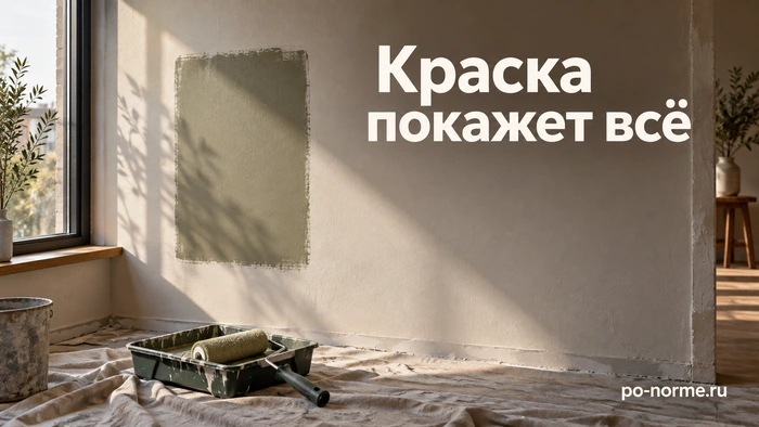 Редакционная обложка «Краска покажет всё»: проба краски на стене, валик и малярная ванночка.