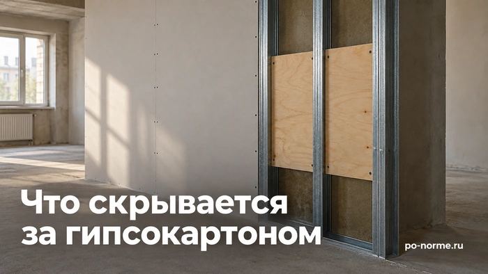 Редакционная обложка «Что скрывается за гипсокартоном»: частично обшитый каркас перегородки с закладной между стойками.