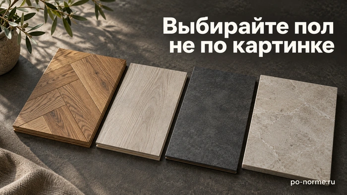 Редакционная обложка «Выбирайте пол не по картинке»: образцы паркета, ламината, винила и керамической плитки.