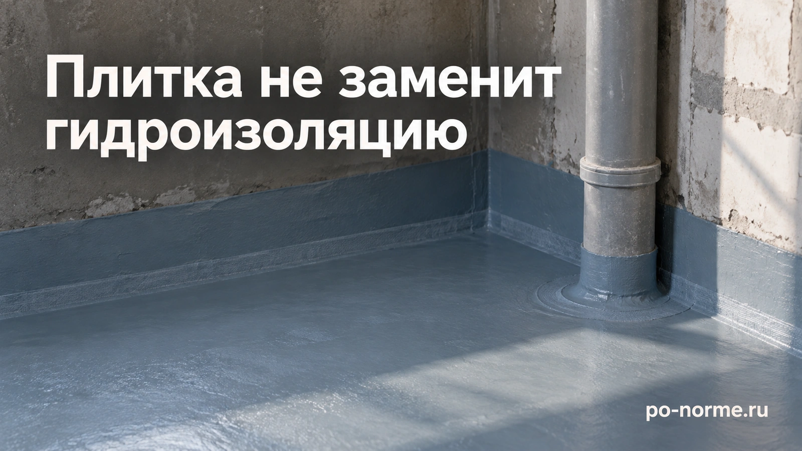 Редакционная обложка «Плитка не заменит гидроизоляцию»: угол ванной с гидроизоляционным покрытием и проходом трубы.