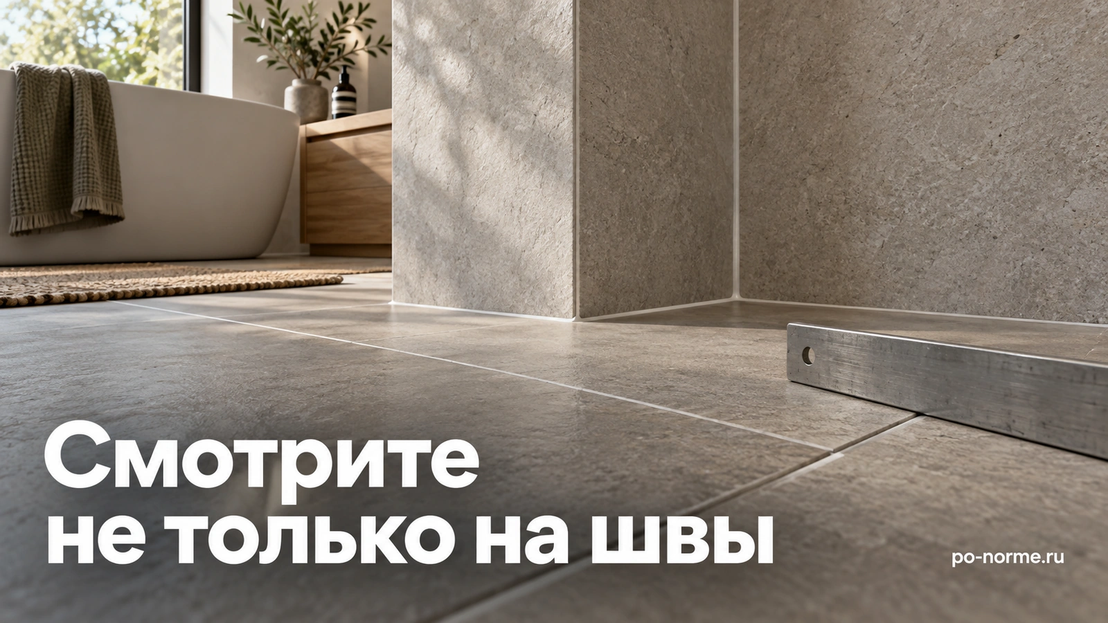 Редакционная обложка «Смотрите не только на швы»: плиточная облицовка, швы и небольшое металлическое правило.