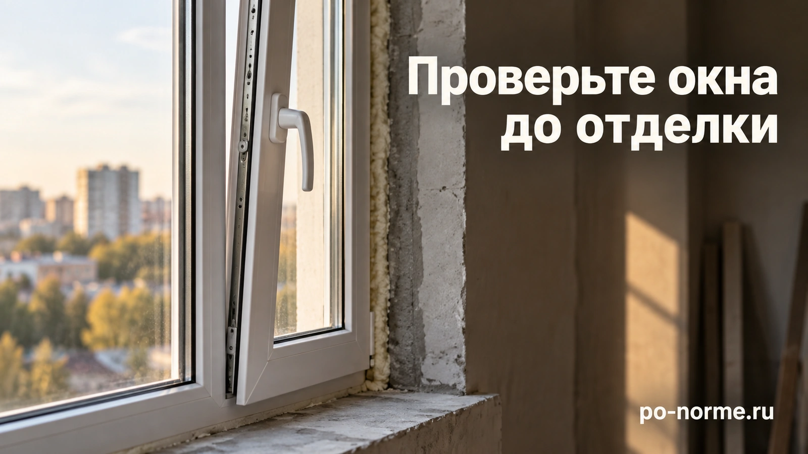 Редакционная обложка «Проверьте окна до отделки»: приоткрытая оконная створка и откос до финишной отделки.