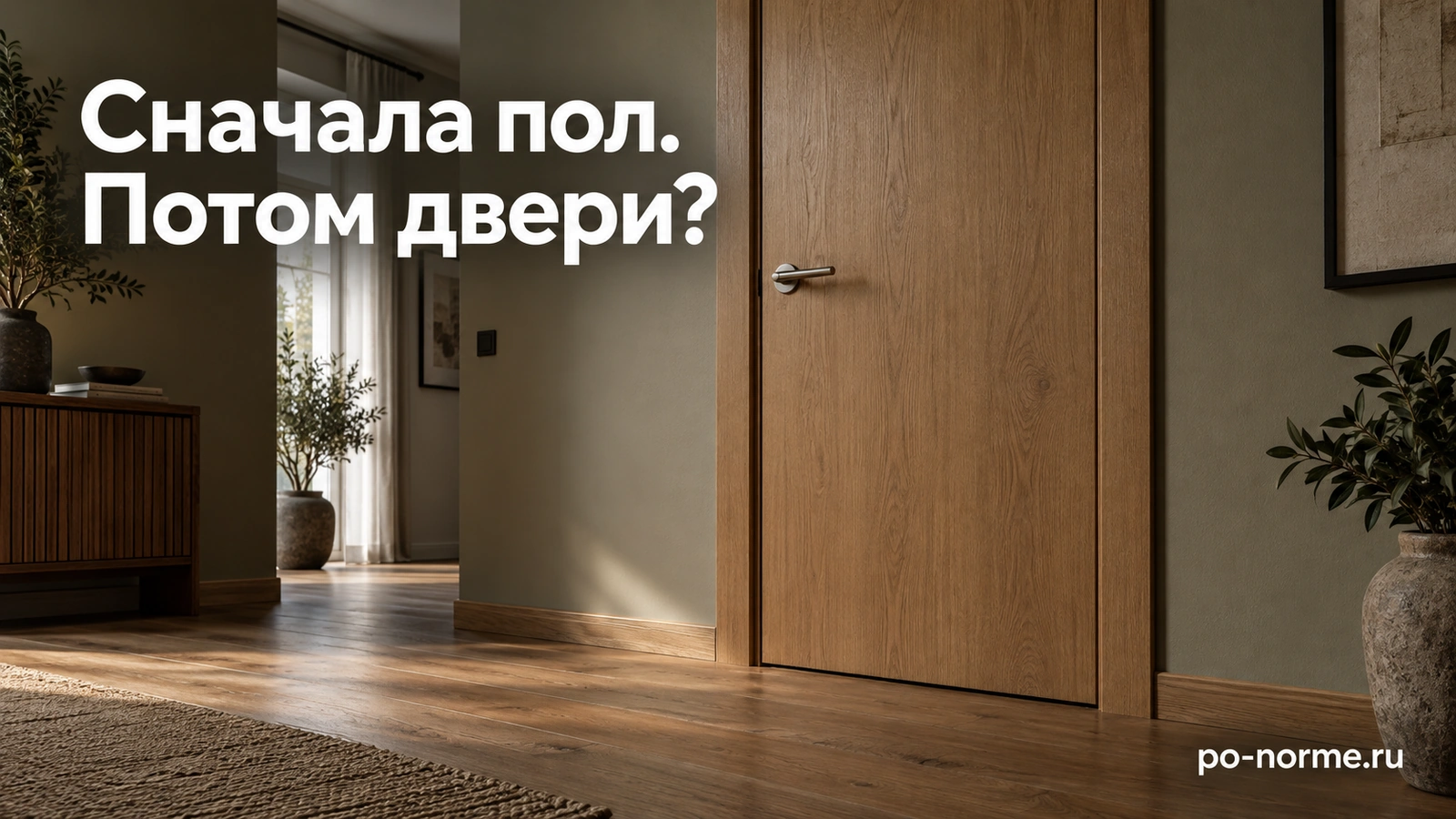 Редакционная обложка «Сначала пол. Потом двери?»: межкомнатная дверь, коробка и примыкание к полу.