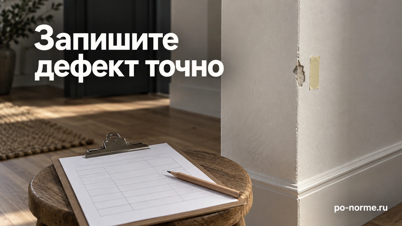 Редакционная обложка «Запишите дефект точно»: небольшой скол краски у угла стены и планшет для записей.